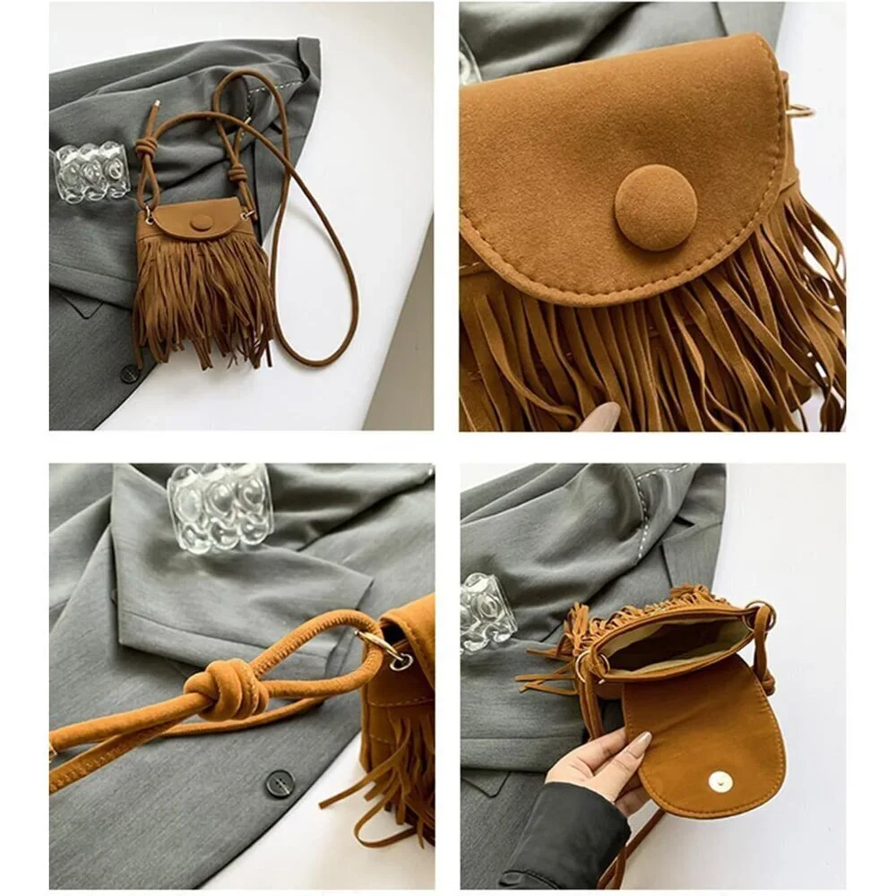 Women's Fringe Suede Crossbody Bag Woven Tassel Boho Clutch Purse